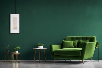 Living room with green armchair on empty dark concrete wall background.3d rendering