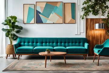 Wooden coffee table near turquoise sofa against wall with frame. Mid-century, retro, vintage style home interior design of modern living room