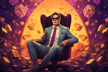 wealthy businessman sitting on a chair surrounded by bitcoin - crypto millionaire