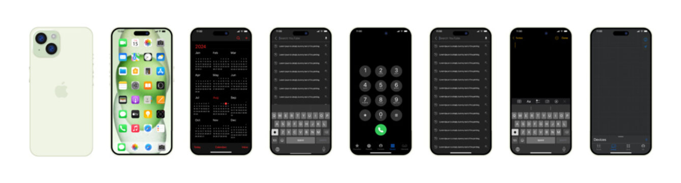 Green Iphone 15 pro interfaces. Apple mockup. Front, back side of the phone. Phone navigation page. Notes, search history, navigator, IOS call screen, calendar. Illustrative Editorial content