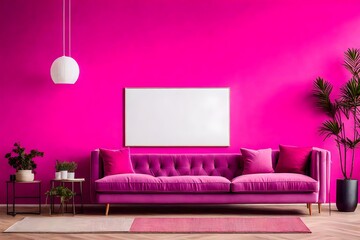 Fototapeta na wymiar Livingroom in trend viva magenta wall background mockup with sofa furniture and decor