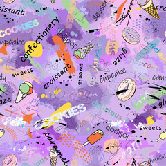 Vector abstract seamless pattern with sweets text, titles, illustrations and chaotic spots, blots. Suitable for wallpaper, wrapping paper or fabric. 