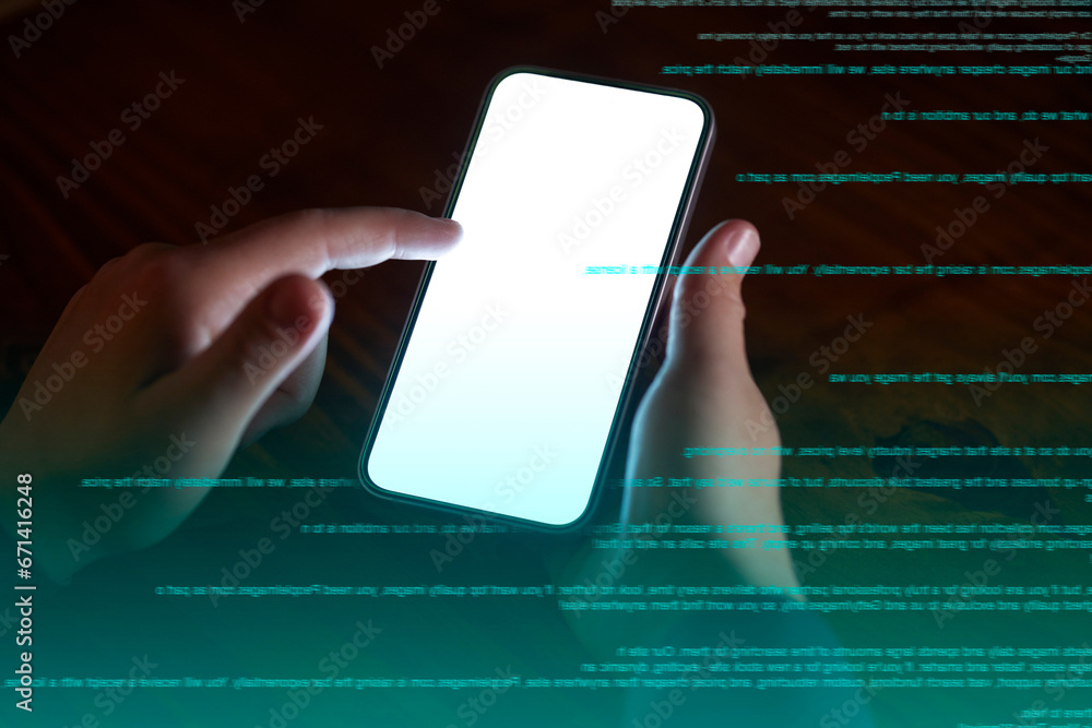 Aufkleber Phone, data and overlay with a person doing a cloud computing search for information technology. Hands, mobile and cyber security for communication, networking on software programming and coding