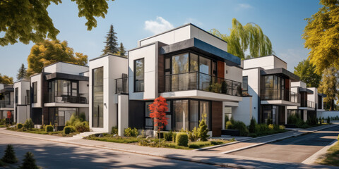 Fototapeta na wymiar Street with modern modular private townhouses. Exterior view of residential architecture.