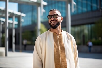 Portrait of a handsome arabian man wearing sunglasses and smiling - obrazy, fototapety, plakaty