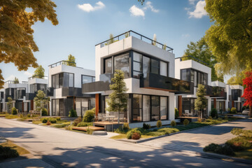 Street with modern modular private townhouses. Exterior view of residential architecture.