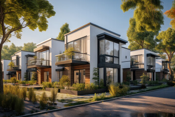 Fototapeta na wymiar Street with modern modular private townhouses. Exterior view of residential architecture.