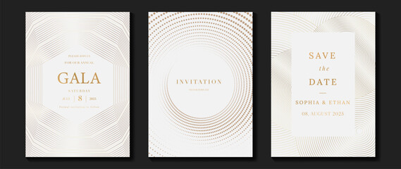 Luxury invitation card background vector. Golden elegant geometric shape, gold line and spot gradient on light background. Premium design illustration for gala card, grand opening, party, wedding.