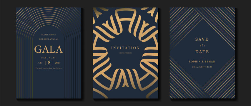 Naklejki Luxury invitation card background vector. Golden elegant geometric shape, gold lines gradient on dark blue background. Premium design illustration for gala, grand opening, party invitation, wedding.