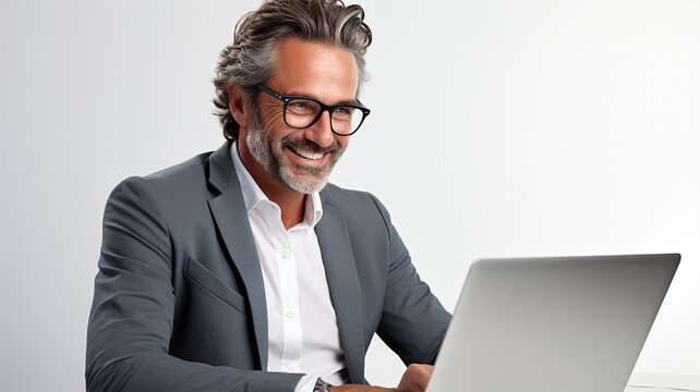 Smiling senior CEO with laptop inside office room. Confident male entrepreneur analyzing report over laptop while standing with office background. Business, marketing, advertising.