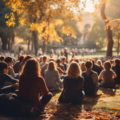 Group of people sitting on the ground in the autumn park and watching the sunset,Generative AI
