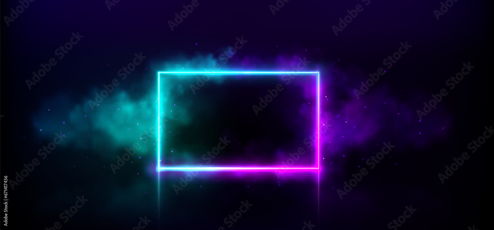 Poster neon rectangle door light game frame with smoke. magic square futuristic border with led sparkle for