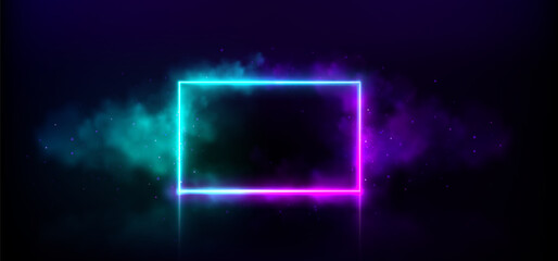 Neon rectangle door light game frame with smoke. Magic square futuristic border with led sparkle for music club party design. 3d abstract laser smokey room in purple and blue with cosmic shape