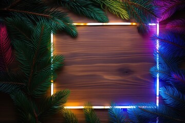 Pine Leaf and Colorful LED Lights, Top View with Empty Space for Text, ai generated