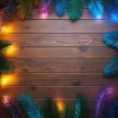 Pine Leaf and Colorful LED Lights, Top View with Empty Space for Text, ai generated