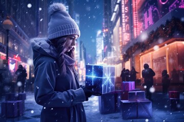 Young Woman Holding a Gift Box at Christmas with Synthetic Waves and City Snow, ai generated