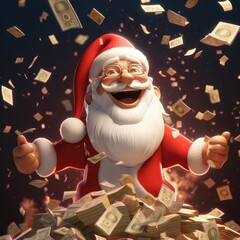 3D Cartoon Santa Claus with Flying Money Banknotes and Star Glitter in Night Scene