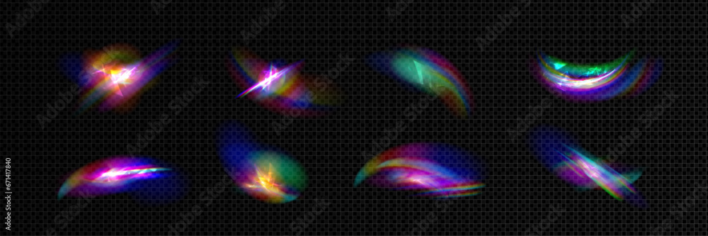 Poster light flare with iridescent shining overlay effect. realistic vector of holographic refraction of su
