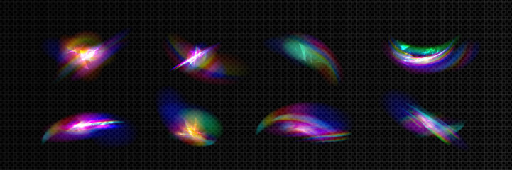 Light flare with Iridescent shining overlay effect. Realistic vector of holographic refraction of sun beams through glass or diamond. Rainbow spectrum impact of rays passing through prism or jewelry. - obrazy, fototapety, plakaty