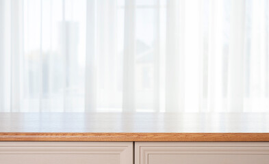 Fototapeta na wymiar Empty wooden furniture table top and blur window curtain background