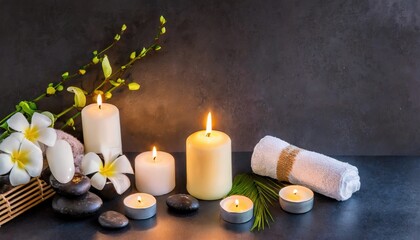 Fototapeta na wymiar Beauty spa treatment background with candles on a dark background