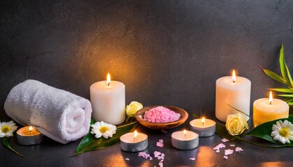 Beauty spa treatment background with candles on a dark background