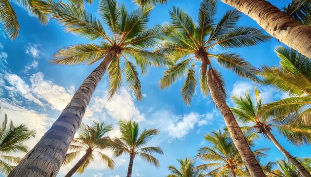 Blue sky and palm trees view from below. Tropical beach and summer background. Travel concep