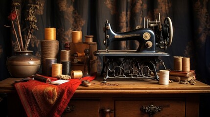 Fototapeta na wymiar A vintage sewing table, showcasing threaded bobbins, fabrics, and an old sewing machine.