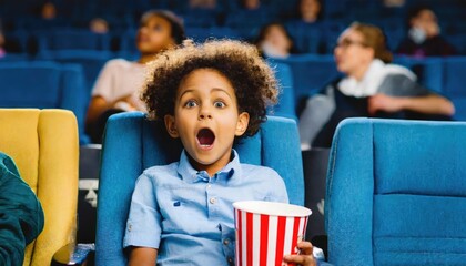  Little boy with astonished and surprised look is watching a movie in a cinema