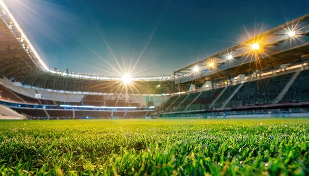 Lawn in the soccer stadium. Football stadium with lights. Grass close up in sports arena - background