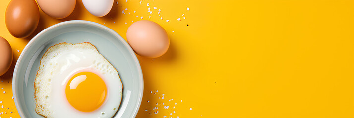Fried egg. Close-up view of the fried egg on a plate on a yellow background, advertising banner, web banner, Place for your text, copy space, empty space, Generative AI - obrazy, fototapety, plakaty