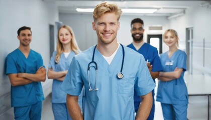 Portrait of a young nursing student standing with her team in hospital, dressed in scrubs, Doctor intern . Medical concept