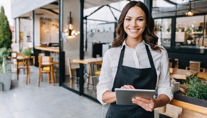 Small business restaurant owner looking at the camera. Happy waitress holding a tablet
