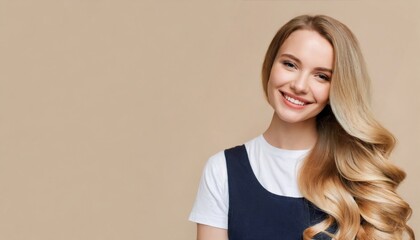 Smiling young woman with blonde long groomed hair isolated on pastel flat background