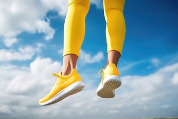 Feet in yellow sneakers on blue sky background