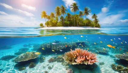 Keuken spatwand met foto Tropical island in the ocean with coral reefs and fish © Marko