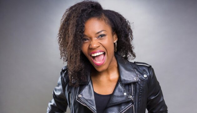 Portrait of a beautiful rocker woman in a black leather jacket on a studio background. Screaming girl isolted exemplifies youthful rebellion, alternative fashion, self-expression