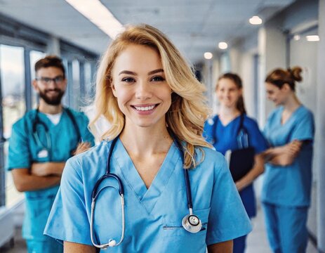Portrait of a young nursing student standing with her team in hospital, dressed in scrubs, Doctor intern . Medical concept