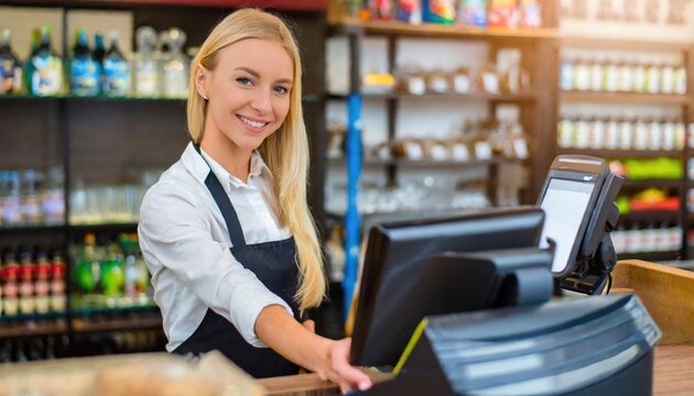 Smiling, young and attractive saleswoman, cashier serving customers