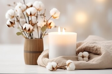 Fototapeta na wymiar A stylish table with cotton flowers and aroma candles near the light wall. Banner for design