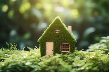 Miniature house on green moss background. Eco-friendly house concept, Generative AI