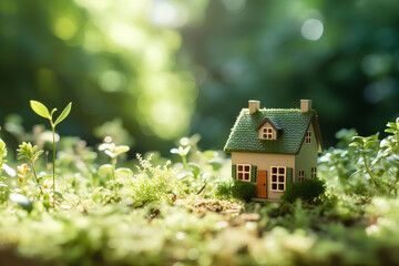Miniature house on green moss background. Eco-friendly house concept, Generative AI