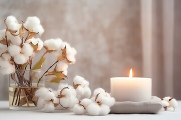 A stylish table with cotton flowers and aroma candles near the light wall. Banner for design