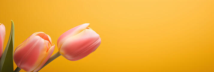 Pink tulips on yellow background, advertising banner, web banner, Place for your text, copy space, empty space, Generative AI