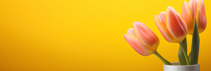 Pink tulips on yellow background, advertising banner, web banner, Place for your text, copy space, empty space, Generative AI