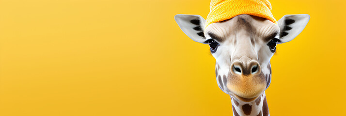 Portrait of a giraffe isolated on a yellow background, advertising banner, web banner, Place for your text, copy space, empty space, Generative AI