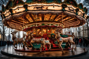 A whimsical carousel with reindeer instead of horses, all decked out for Christmas.