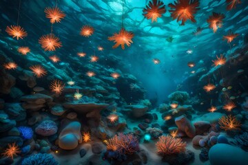 A surreal underwater scene where coral reefs are adorned with bioluminescent ornaments, and sea creatures join in the holiday festivities.