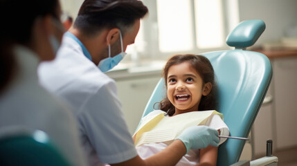 Little girl smiling while dentist check up at clinic - obrazy, fototapety, plakaty