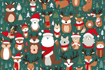 A group of adorable woodland animals wearing Santa hats and scarves.